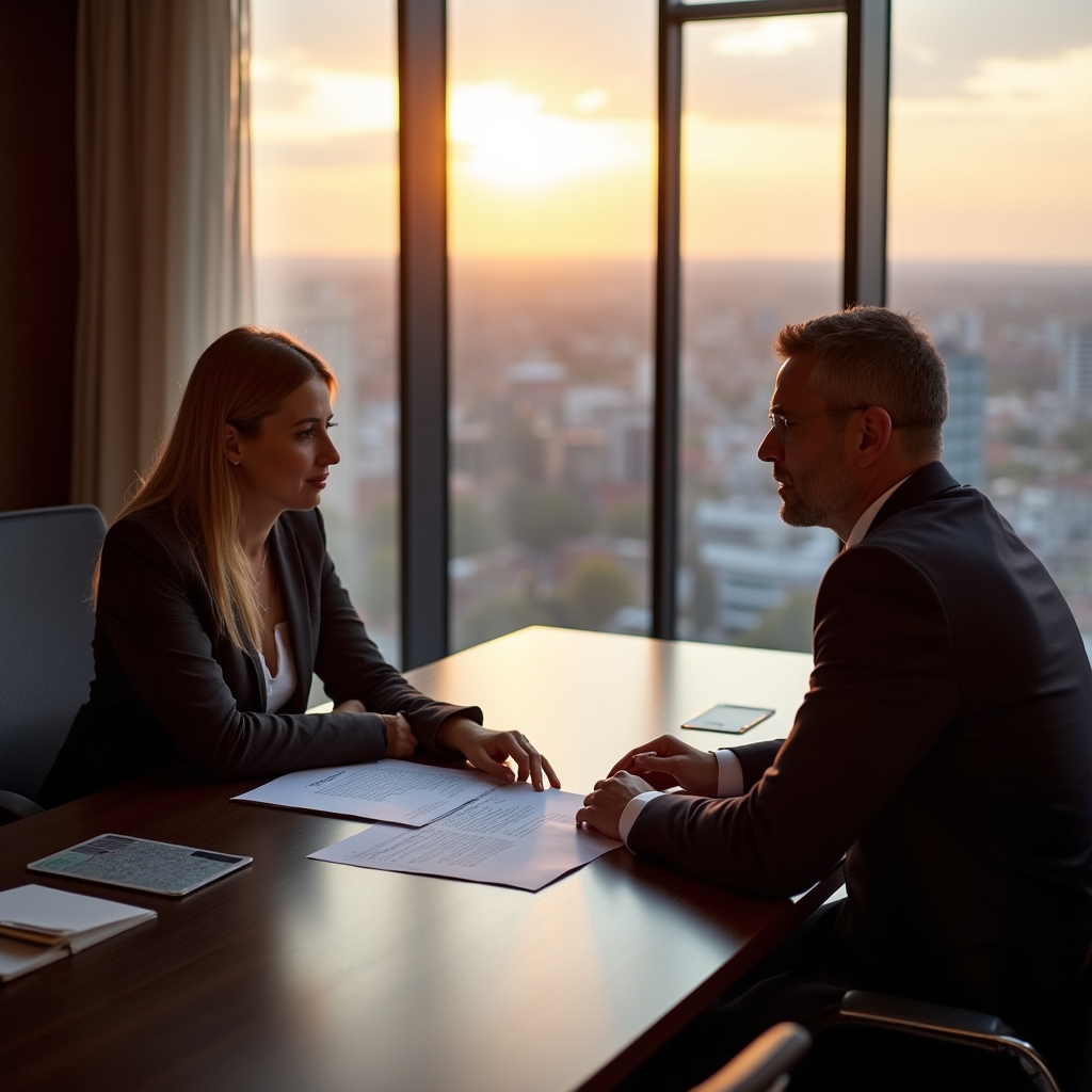 Two people reviewing a legal agreement document together at a conference table