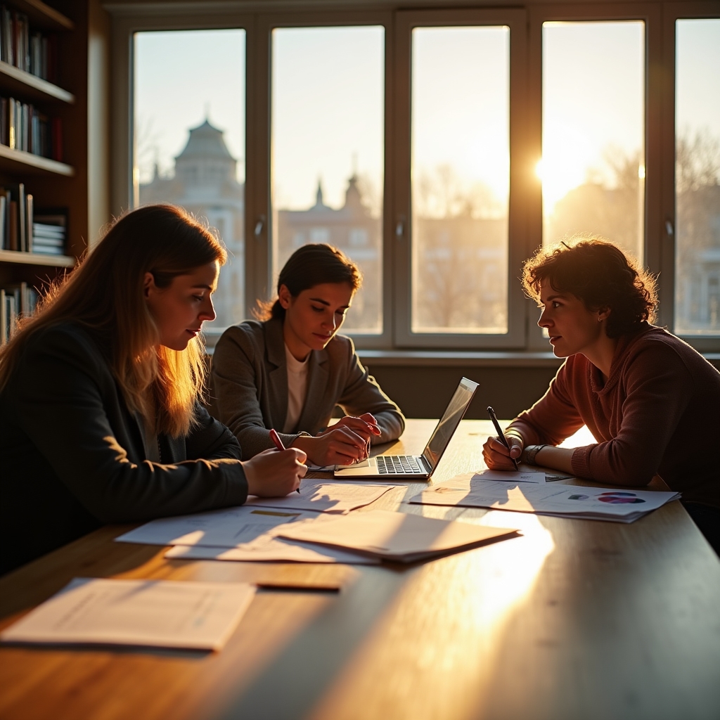 Team of specialists collaborating on educational content in a Zagreb office with large windows and natural light
