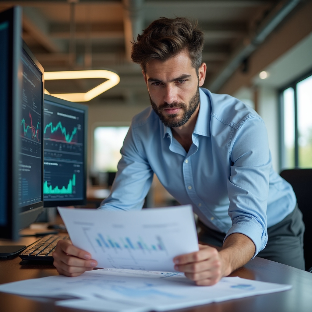 Financial analyst examining investment structure documentation at a modern workspace